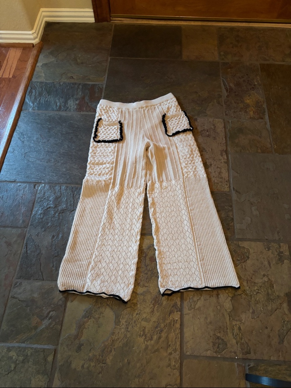 Cream Knit Straight-Leg Pants with Black Contrast Trim
